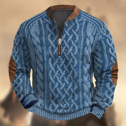 Men's Vintage Country Western Knitted Print Zipper Stand Collar Casual Sweatshirt