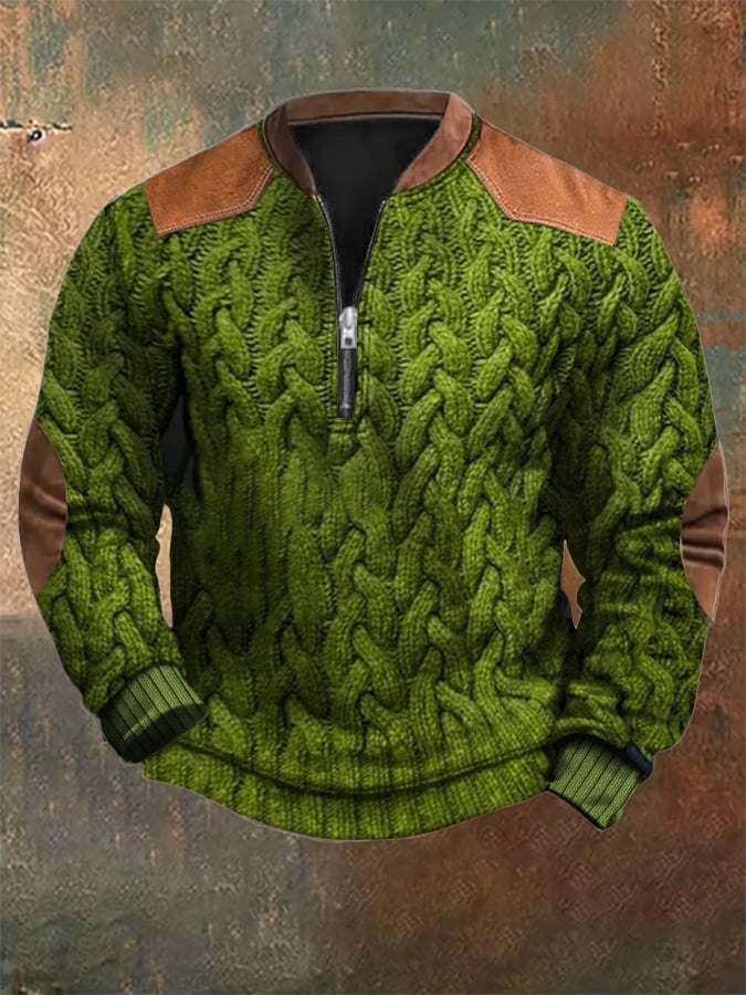 Men's Vintage Knit Print Zip-Up Sweatshirt