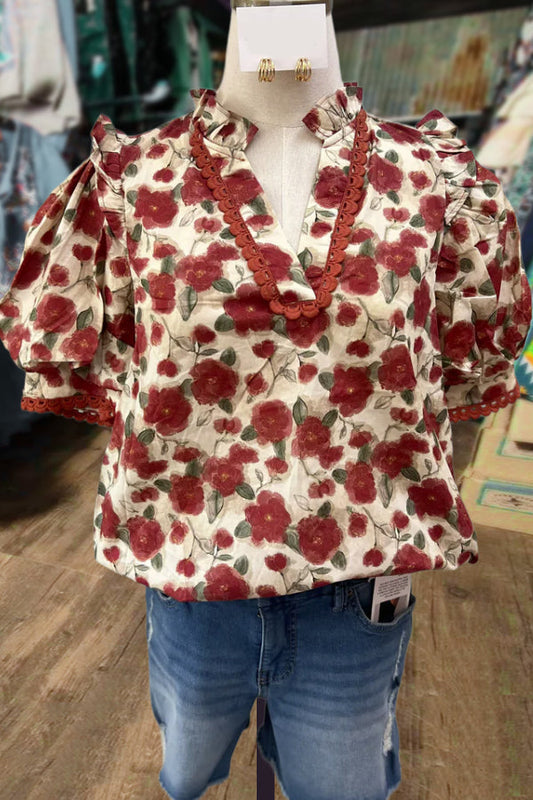 Floral Print V-Neck Puff Sleeve Top