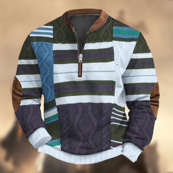 Men's Vintage Wool Kint Patchwork Print Zipper Stand Collar Casual Sweatshirt