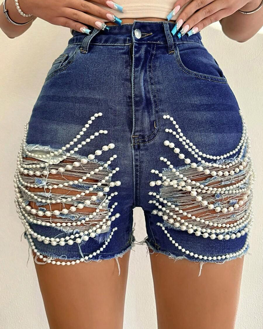 High Waist Handmade Bead Chain Ripped Denim Shorts