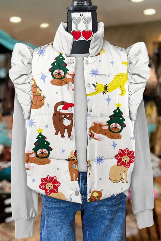 Christmas Cat Print Flying Sleeves Quilted Vest