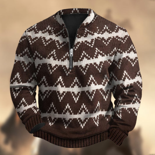 Men's Vintage Western Knit Print Zipper Stand Collar Casual Sweatshirt