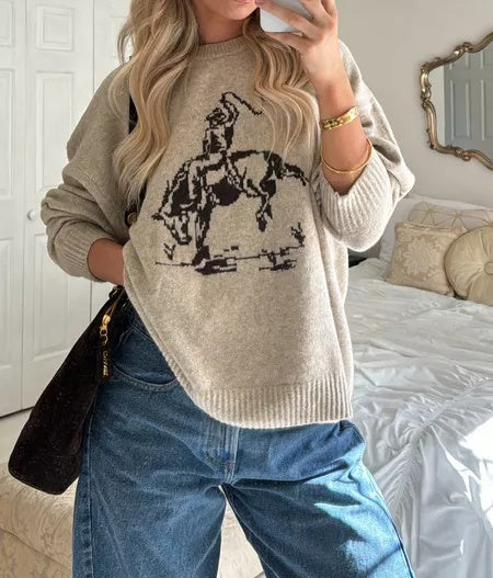 Oversized Cowboy Graphic Crew Sweater