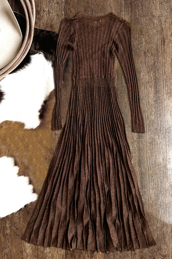 Stunning Pleated Metallic Long Sleeve Midi Dress