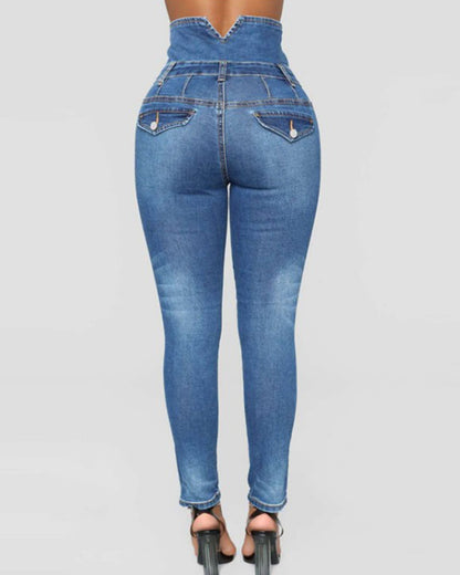 High Waist Four-Breasted Stretch Slim-Fit Denim Pants