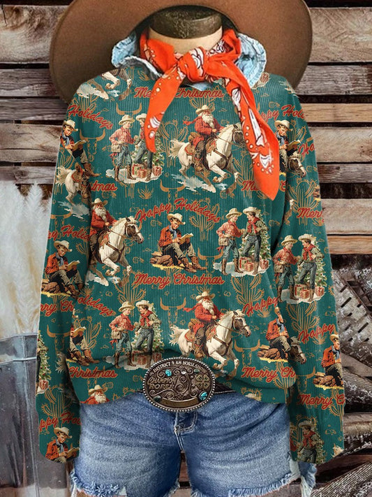 Women's Dark Green Western Santa Claus Riding A Horse Casual Print Corduroy Sweatshirt