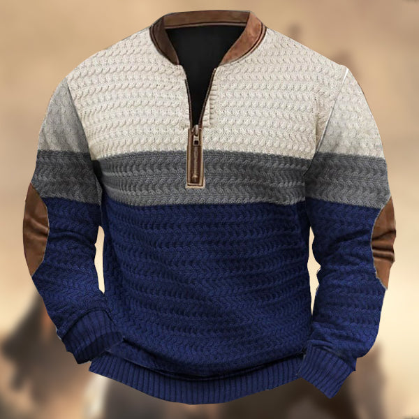 Men's Vintage Western Knitted Print Zipper Stand Collar Casual Sweatshirt