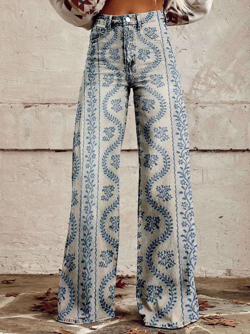 Women's Vintage Flower Print Casual Wide Leg Pants