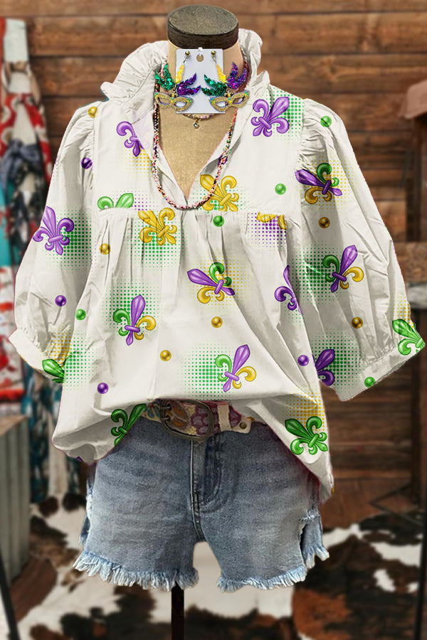 Fresh Mardi Gras Print Puff Sleeve Blouse