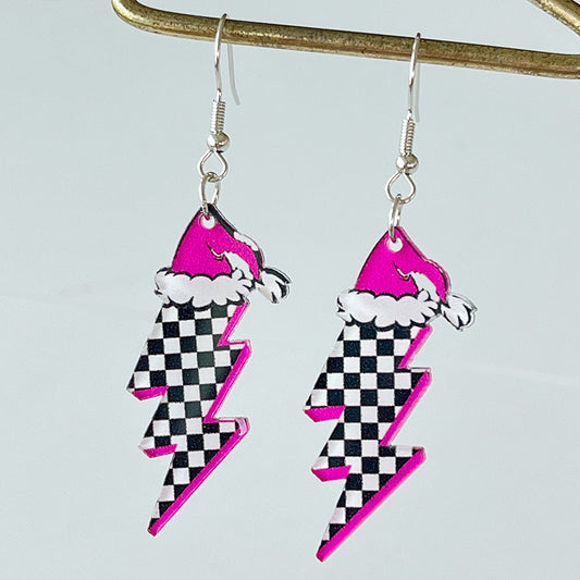 Pink Christmas Hat Checkerboard Lightning Earrings