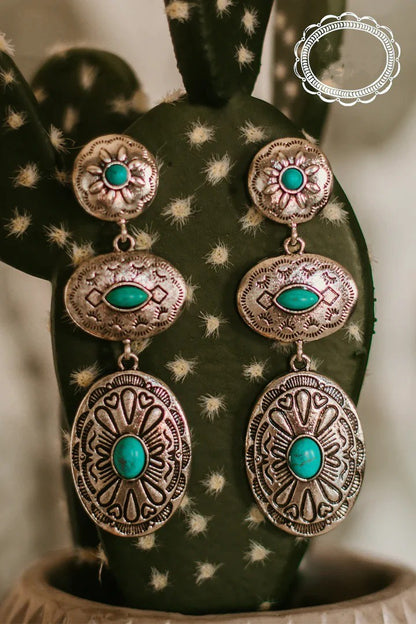 Western Cowboy Retro Turquoise Ethnic Exaggerated Alloy Earrings-0520