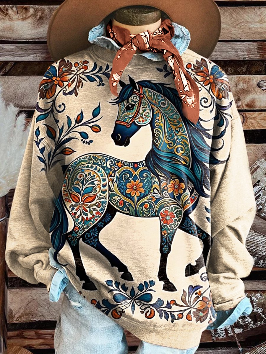 Floral Horse Print Casual Sweatshirt