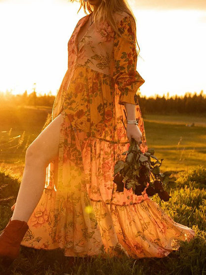 Boho Floral Print V Neck Long Dress Dress