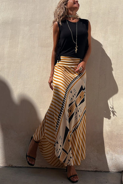 Eva Satin Geometric Print Elastic Waist Maxi Skirt