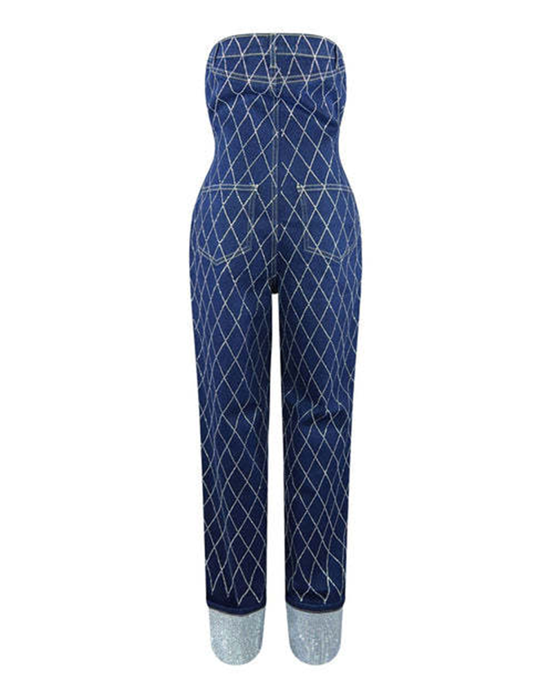 Denim Jumpsuits With Stained Diamonds