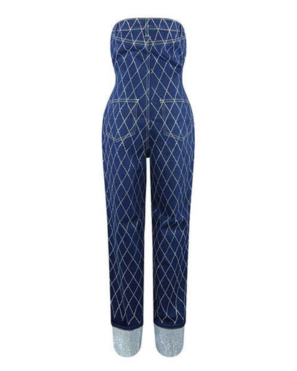 Denim Jumpsuits With Stained Diamonds