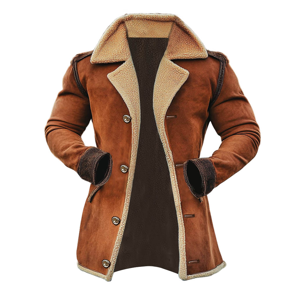 Men's Vintage Suede Shearling Fleece Wool Fur Lapel Collar Mid-Length Coat Sherpa Lined Jacket