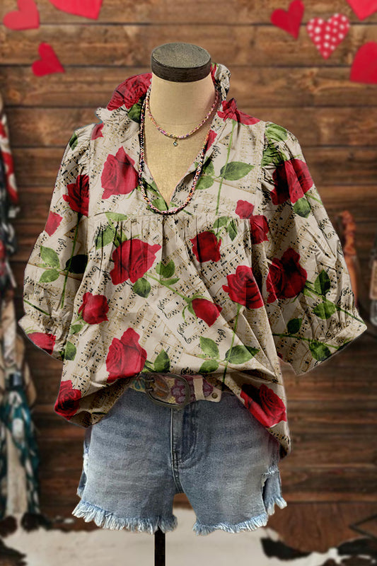 Rose Valentine's Day Print Puff Sleeve Blouse