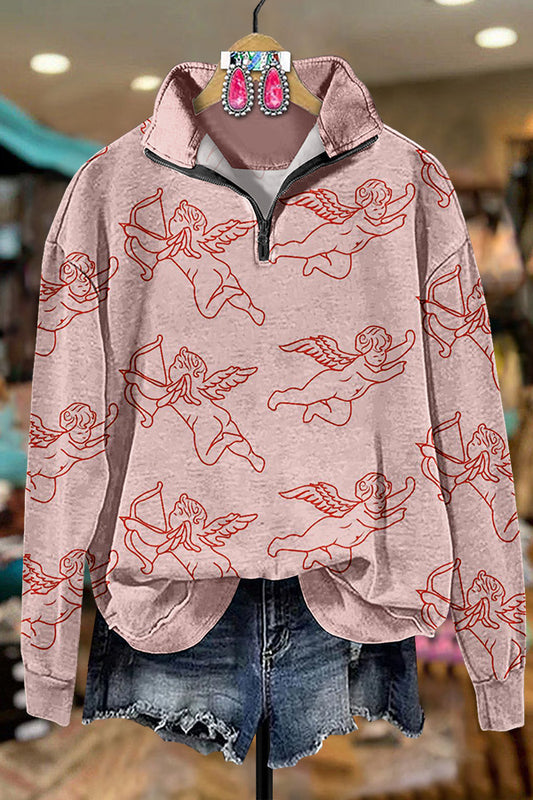 Valentine's Day Cupid Print Zip Sweatshirt