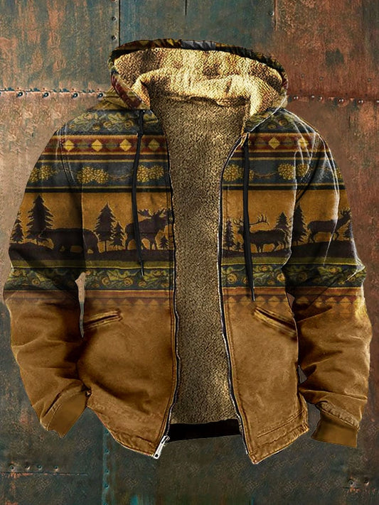 Retro Casual Forest Elk Print Velvet Men's Jacket