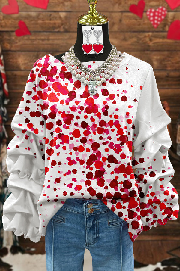 Valentine's Day Heart Print Pleated Sweatshirt