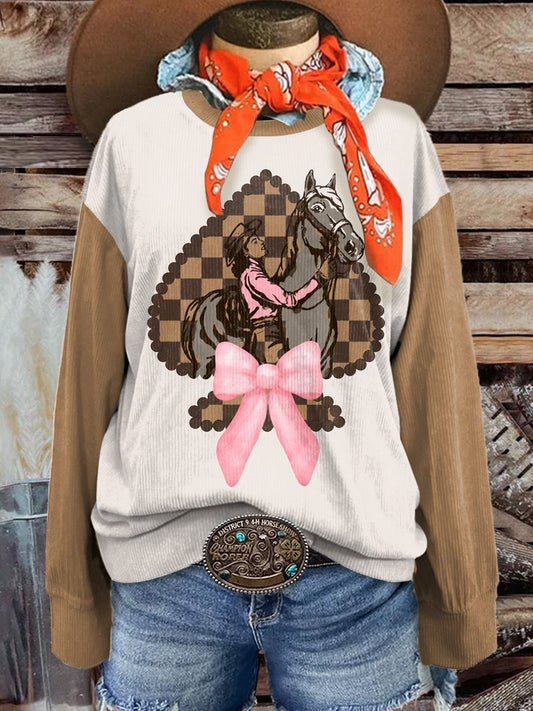 Women's Vintage Horse and Girl with Bow Print Casual Corduroy Sweatshirt