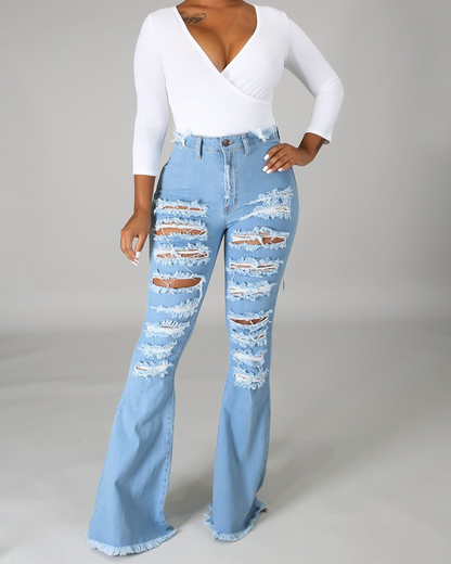 High-Waisted Broken Hole Flared Jeans