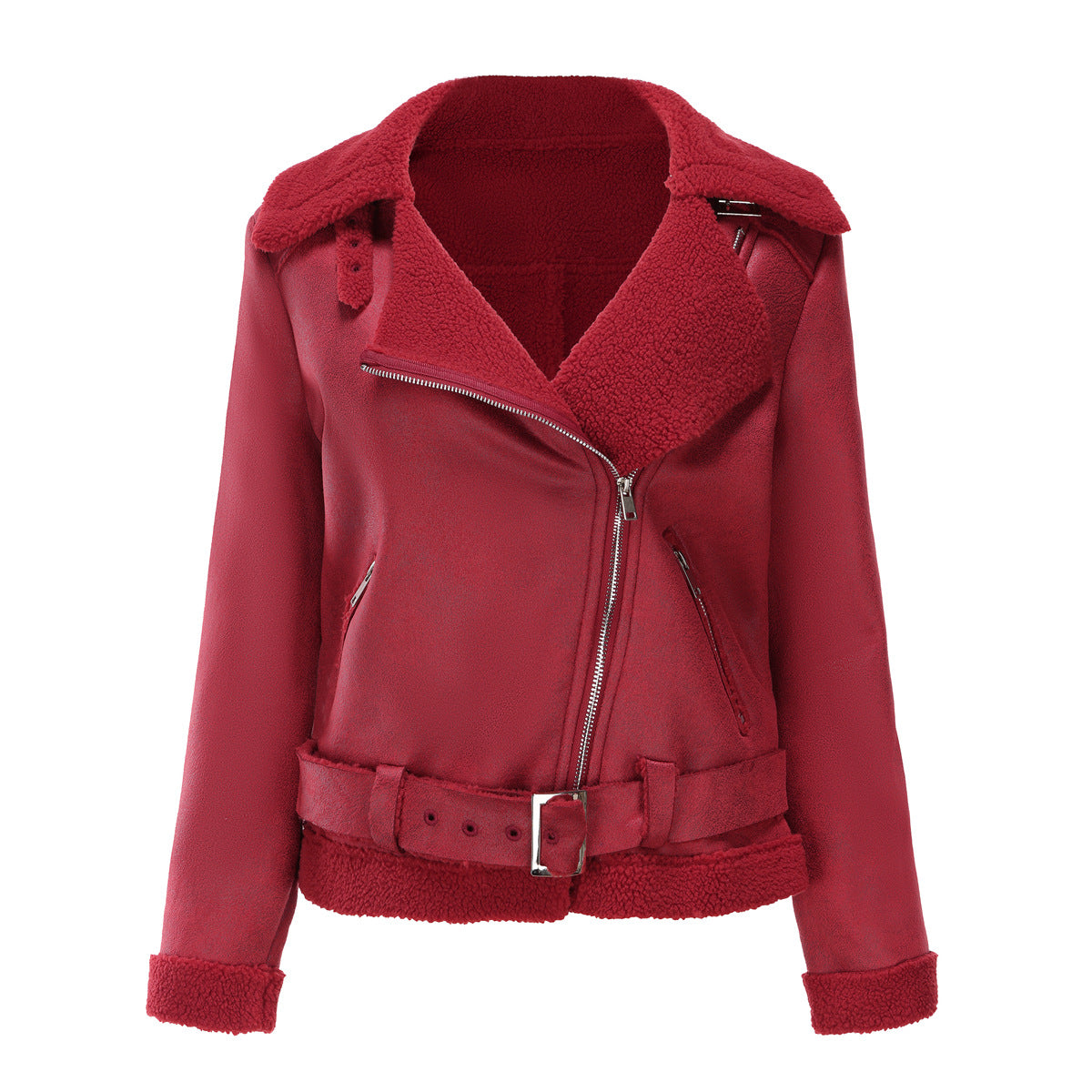 Women's Leather Jacket With Belt And Lapel Coat