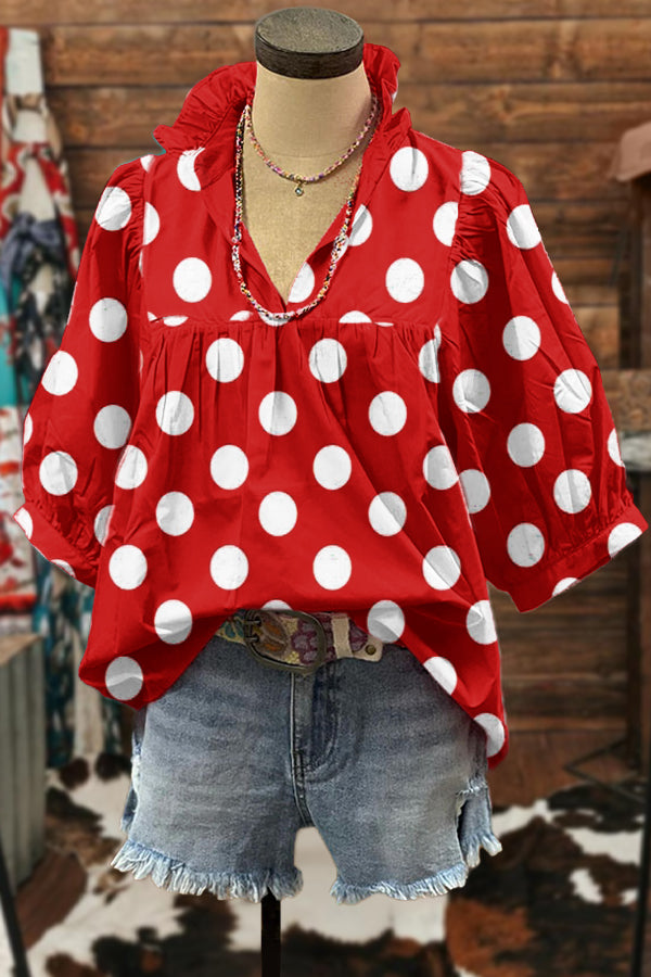 Classic Polka Dot Print Puff Sleeve Blouse