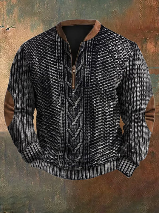 Men's Vintage Knit Print Zip-Up Sweatshirt