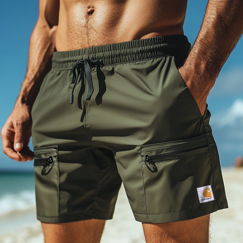 Men's Functional Green Shorts With Multiple Pockets For Outdoor Activities