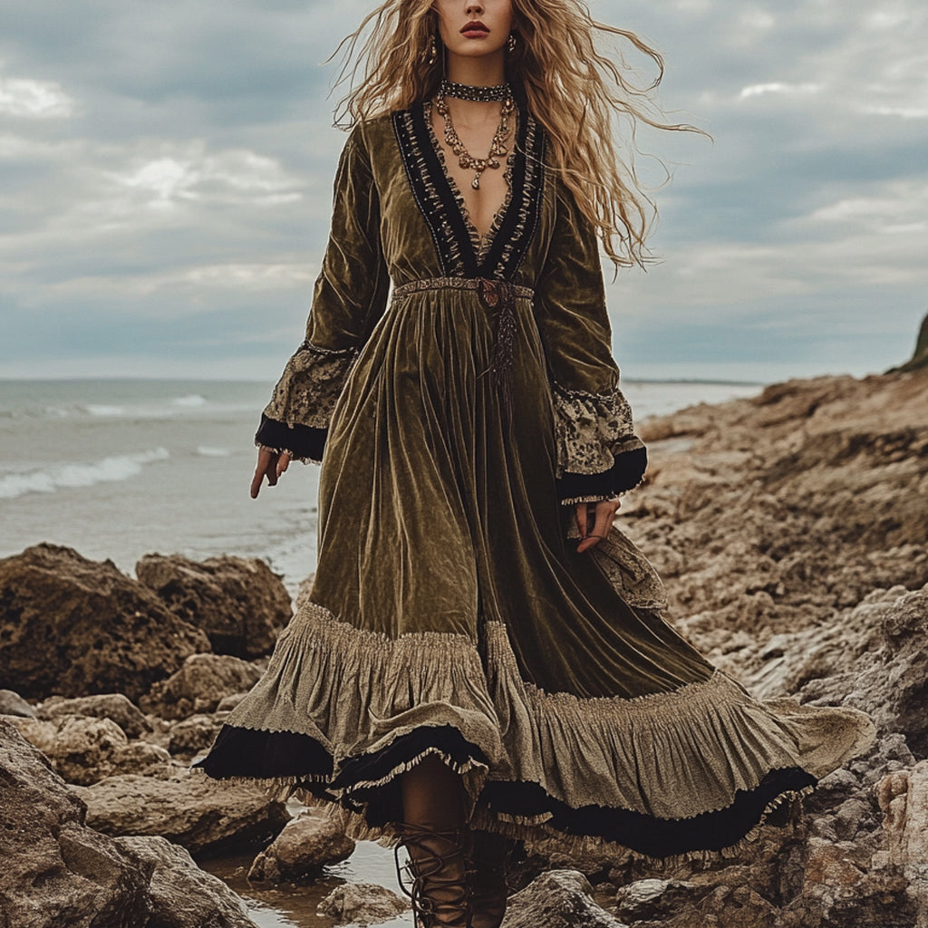 Breezy Bohemian Beach Vacation Autumn And Winter Velvet Ethnic Style Fluttering Dress