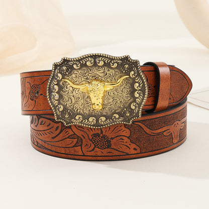 Men's Retro Western Bullhead Metal Buckle Wear-Resistant Genuine Leather Jeans Belt