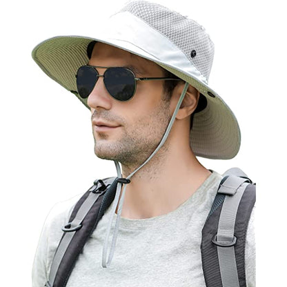 Mens Womens Sun Hat Wide Brim Breathable Mesh UPF 50+ Waterproof Fishing Hat Safari Hat Foldable Boonie Cap A-khaki