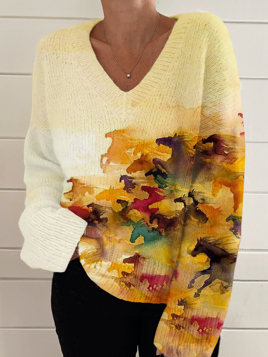 Horse Art Print V-Neck Sweater