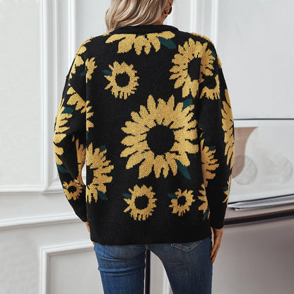 New Autumn And Winter Tops, Sunflower Round Neck Long-sleeved Knitted Pullover Sweaters For Women