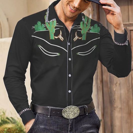 Men's Vintage Western Cactus Print Long Sleeved Shirt