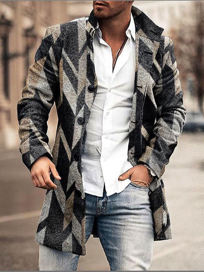 Men's Retro Buttoned Stand Collar Printed Woolen Jacket