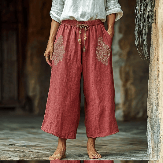 Women's Linen Bohemian Cropped Wide-leg Casual Cropped Pants