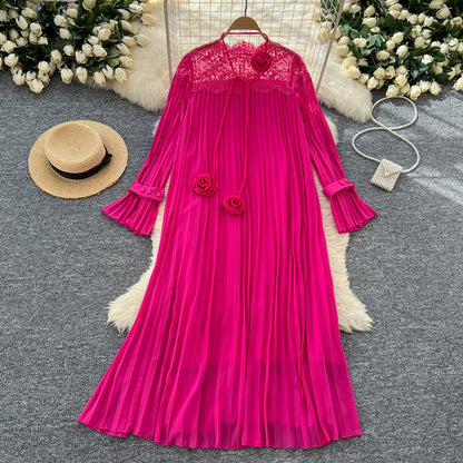 Elegant Tied Waist Lace Patchwork Flared Sleeve Pleated Long Dress