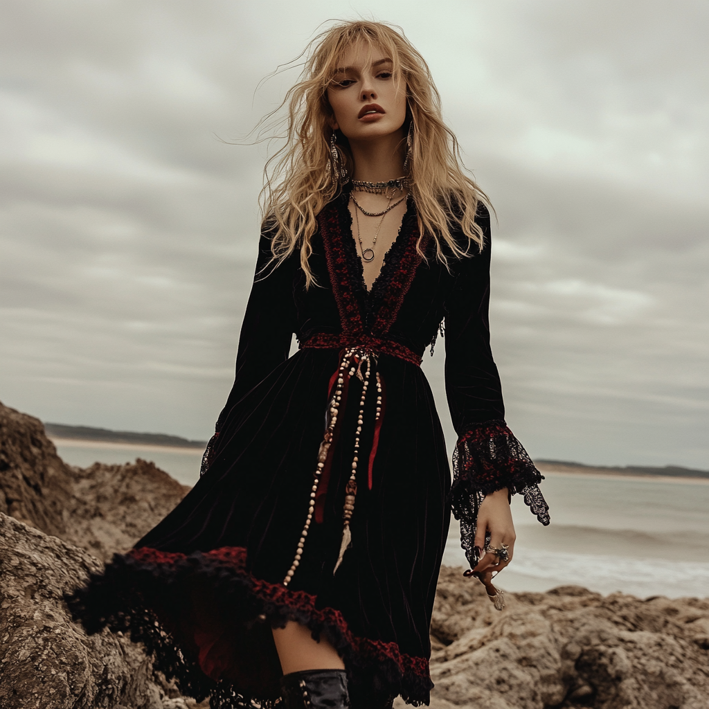 Breezy Bohemian Beach Vacation Autumn And Winter Velvet Ethnic Style Fluttering Dress