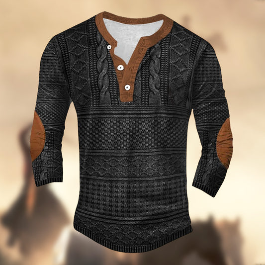 Men's Vintage Country Western Knitt Print Henley Print Long Sleeve T-Shirt