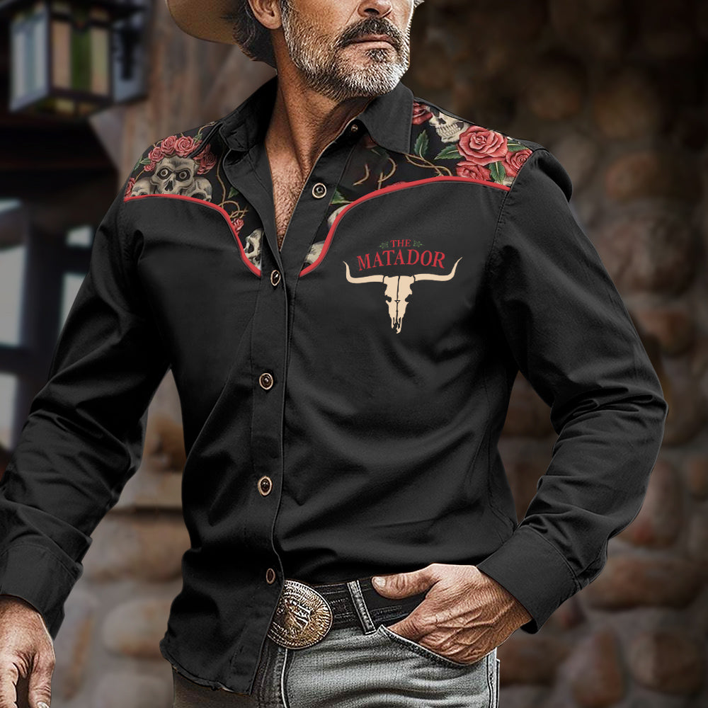 Men's Retro Rose Matador Skull Western Longhorn Logo Print Long Sleeve Shirt