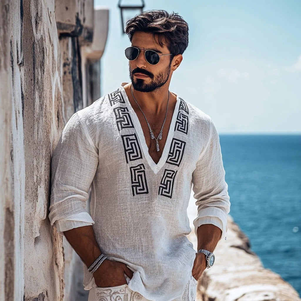 Men's Leisure Greek Key Graphics Linen V-neck Shirt