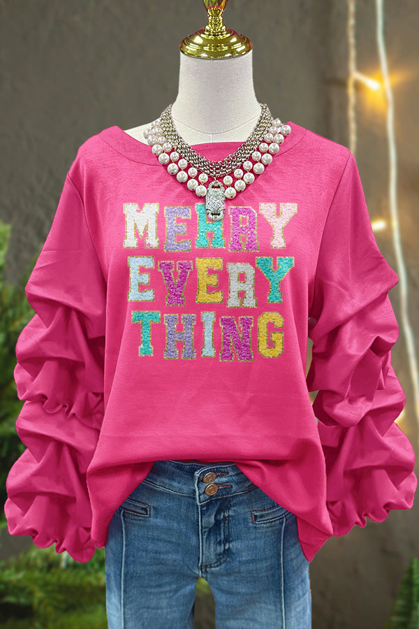 Cute Merry Christmas Print Pleated Sweatshirt