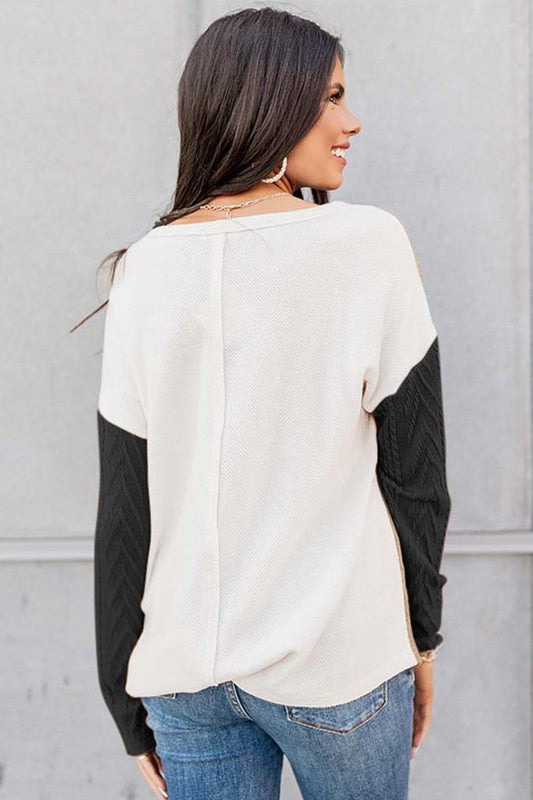 Cable knit color block round neck lightweight top