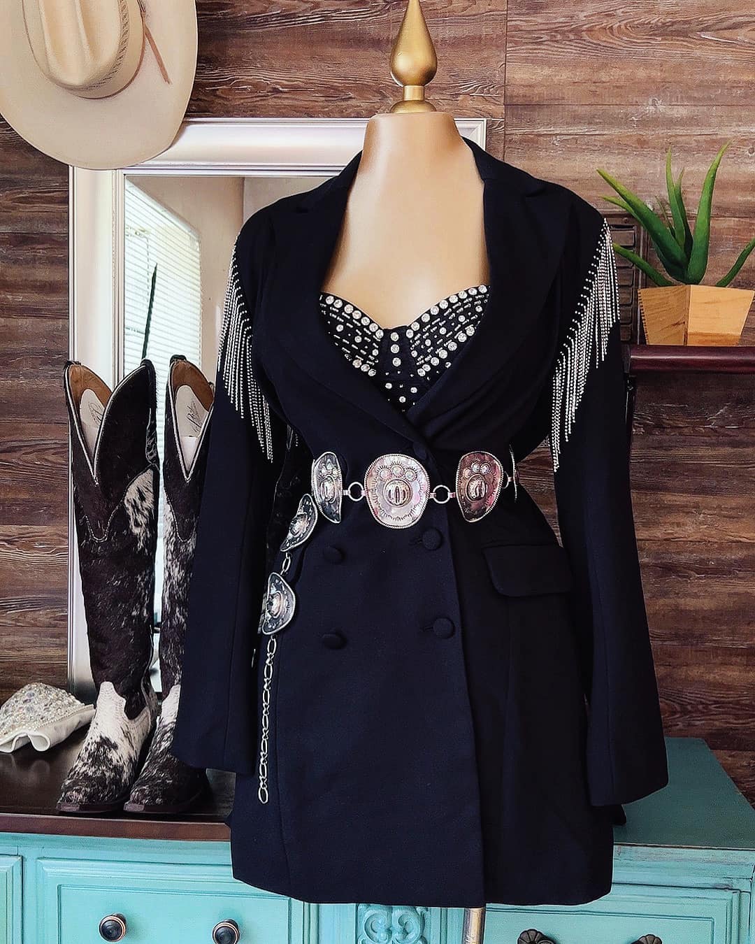 Vintage Rhinestone Fringe  Black  Suede Jacket