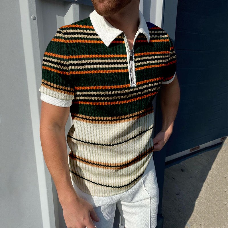 Men's casual retro striped jacquard polo shirt