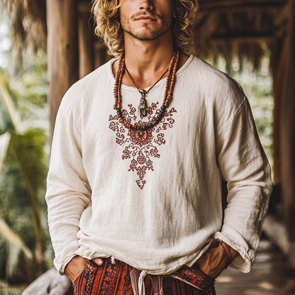 Men's Bohemian Holiday Style Vintage Linen Printed Casual Long Sleeve Top